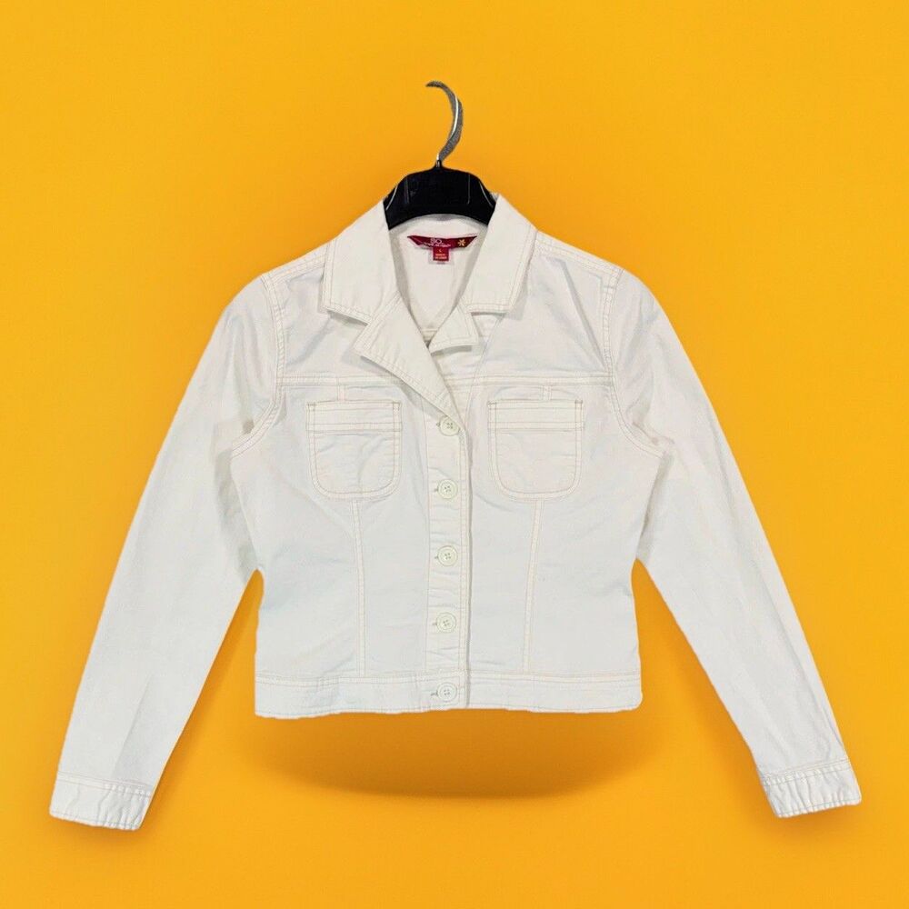 SO Real So Right White Denim Trucker Jacket Floral Trim Women's Size L Cotton